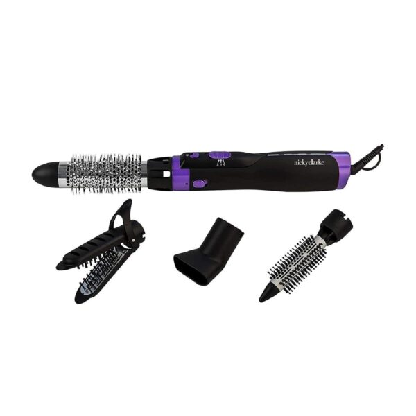 Nicky Clarke 1000W 4-in-1 Frizz Control Ionic Hot Air Brush Volumising Hair Styler, 2 Heat / Speeds & Cool Shot, Four Accessories: 20mm & 38mm Brushes, Concentrator Nozzle & Straightener - NHA046