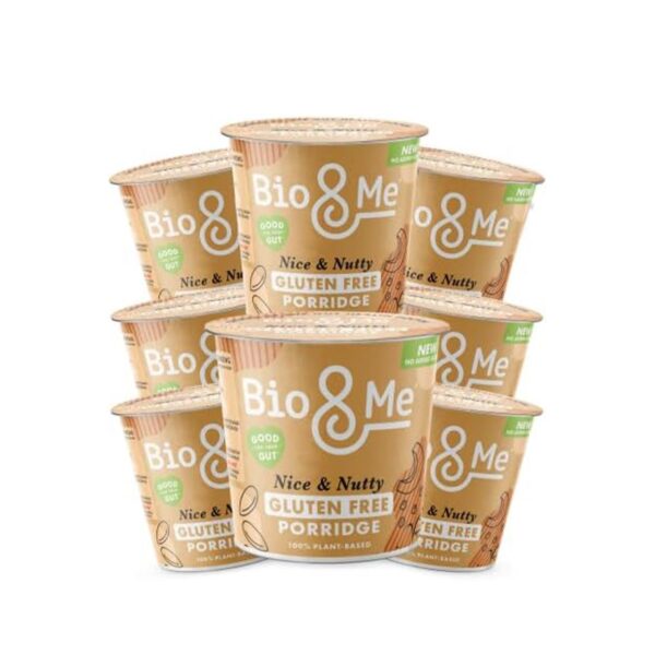 Bio&Me: Nice & Nutty Gluten Free Porridge 8-Pack (8 x 58g pots) / High in Fibre, Low Sugar/On The Go Breakfast