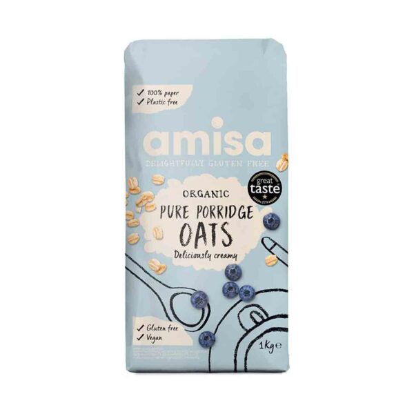 Amisa Organic Gluten Free Porridge Oats, 1kg - Batch Tested for Gluten - Source of Fibre - Sustainable 100% Recyclable Paper Packaging - For Cooking, Breakfast or Baking