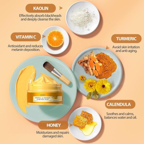 Turmeric Vitamin C Clay Mask Deep Cleansing Face Mask Skin Care Improve Blackheads Acne Dark Spots and Even out skin tone Facial Mask Control Oil and Refining Pores - Image 2