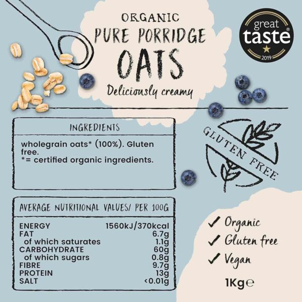 Amisa Organic Gluten Free Porridge Oats, 1kg - Batch Tested for Gluten - Source of Fibre - Sustainable 100% Recyclable Paper Packaging - For Cooking, Breakfast or Baking - Image 3