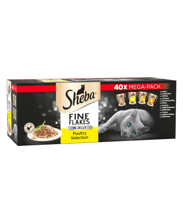 Sheba Fine Flakes Poultry Collection in Jelly 40 Pouches, Adult Wet Cat Food, Megapack , 85 g (Pack of 40)