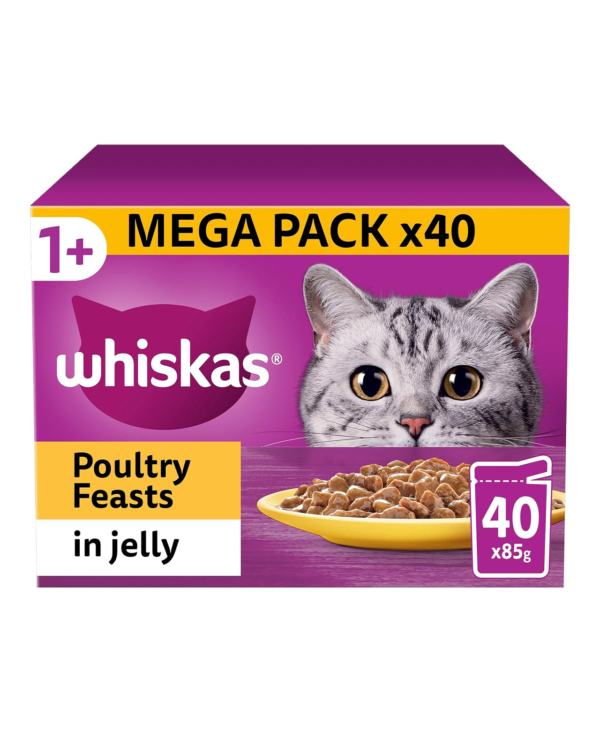 Whiskas 1+ Adult Poultry Selection in Jelly 40 Pouches, Adult Wet Cat Food, Megapack (40 x 85 g)