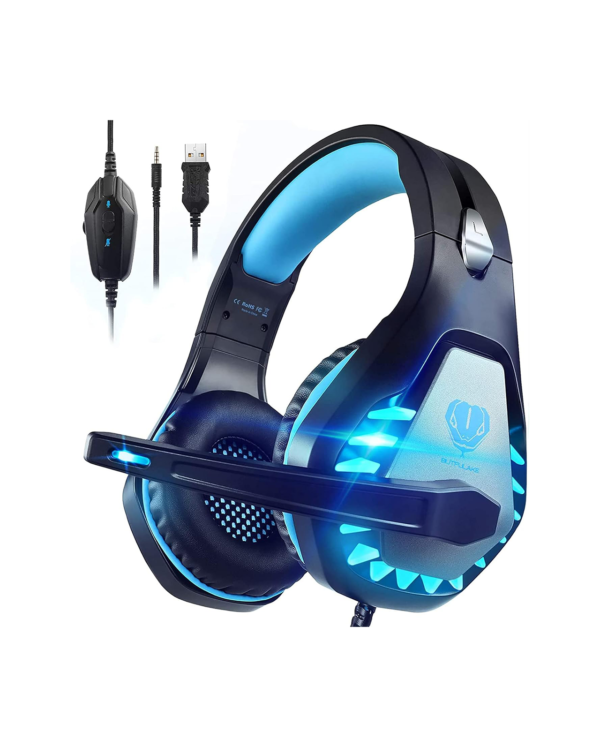 Pacrate Gaming Headset for PS4 PS5 PC Switch Xbox Headset with Noise Cancelling Wired Headset with LED Light & Mic for Mac Laptop Gaming Headset Soft Memory Earmuffs,Black Blue