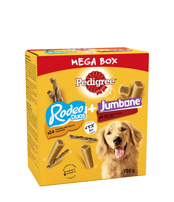 Pedigree Multipack with 24 Rodeo Duos Chicken and Bacon Flavour and 4 Jumbone Beef and Poultry Flavour, Dog Treat Snacks, Mega Box