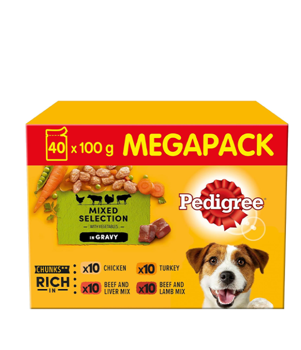 Pedigree Mixed Selection in Gravy 40 Pouches, Adult Wet Dog Food, Megapack (40 x 100 g)